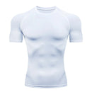 Camiseta masculina de compressão para corrida, fitness e treino. Manga curta, ajuste justo, secagem rápida, ideal para academia e jogging.