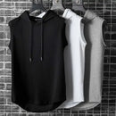 Regata masculina com capuz e gola com amarração, estilo hip hop, verão, modelo solto e cor sólida.