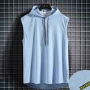 Regata masculina com capuz e gola com amarração, estilo hip hop, verão, modelo solto e cor sólida.