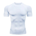 Camiseta masculina de compressão para corrida, fitness e treino. Manga curta, ajuste justo, secagem rápida, ideal para academia e jogging.