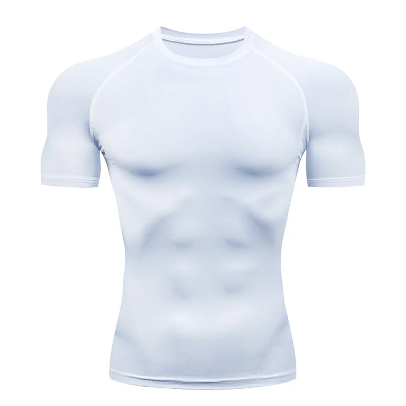 Camiseta masculina de compressão para corrida, fitness e treino. Manga curta, ajuste justo, secagem rápida, ideal para academia e jogging.