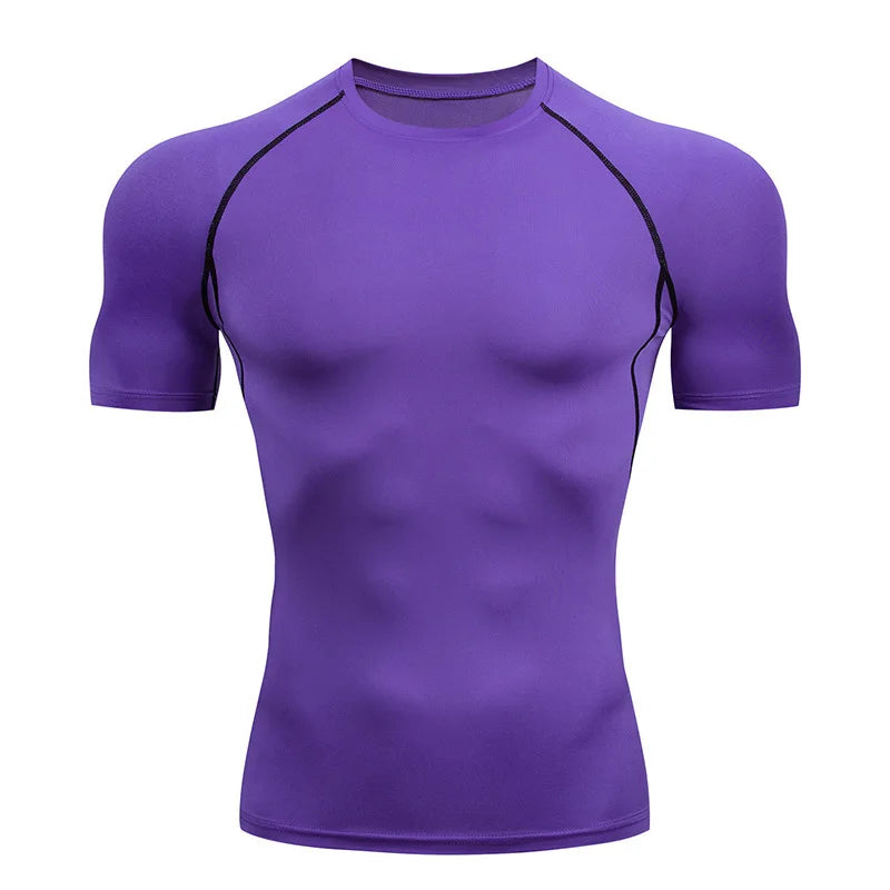 Camiseta masculina de compressão para corrida, fitness e treino. Manga curta, ajuste justo, secagem rápida, ideal para academia e jogging.