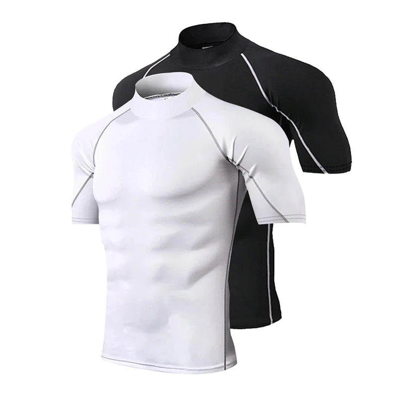 Camiseta de compressão masculina, esportiva, com secagem rápida e mangas curtas.
