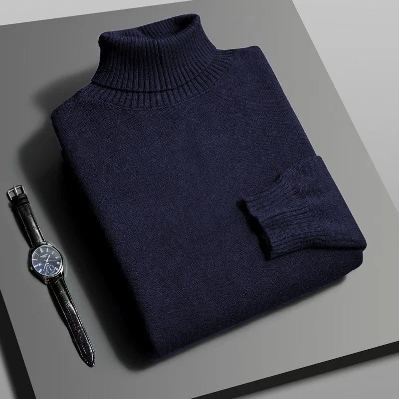 Suéter Masculino Gola Alta Outono/Inverno – Tricô de Alta Qualidade, Slim Fit, Manga Longa, Antibolinha, Cor Lisa, Estilo Streetwear