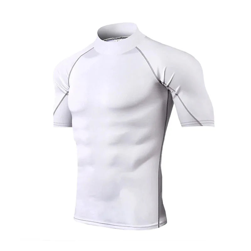 Camiseta de compressão masculina, esportiva, com secagem rápida e mangas curtas.