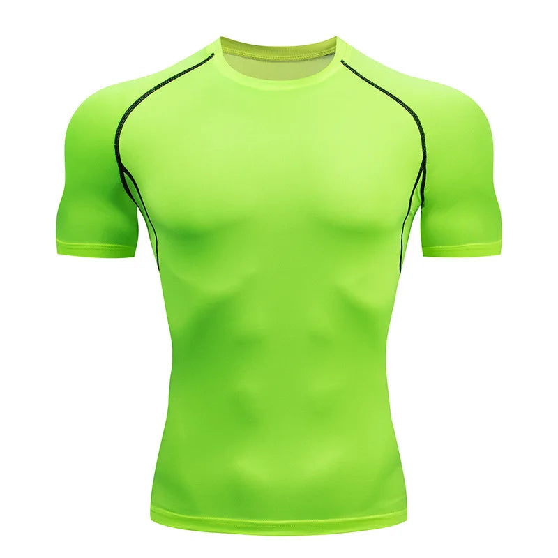 Camiseta masculina de compressão para corrida, fitness e treino. Manga curta, ajuste justo, secagem rápida, ideal para academia e jogging.