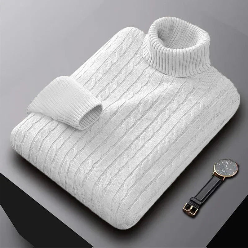 Suéter Masculino Gola Alta 2025 – Tricô de Lã, Pulôver Casual Quente, Cores Sólidas, Ideal para o Inverno