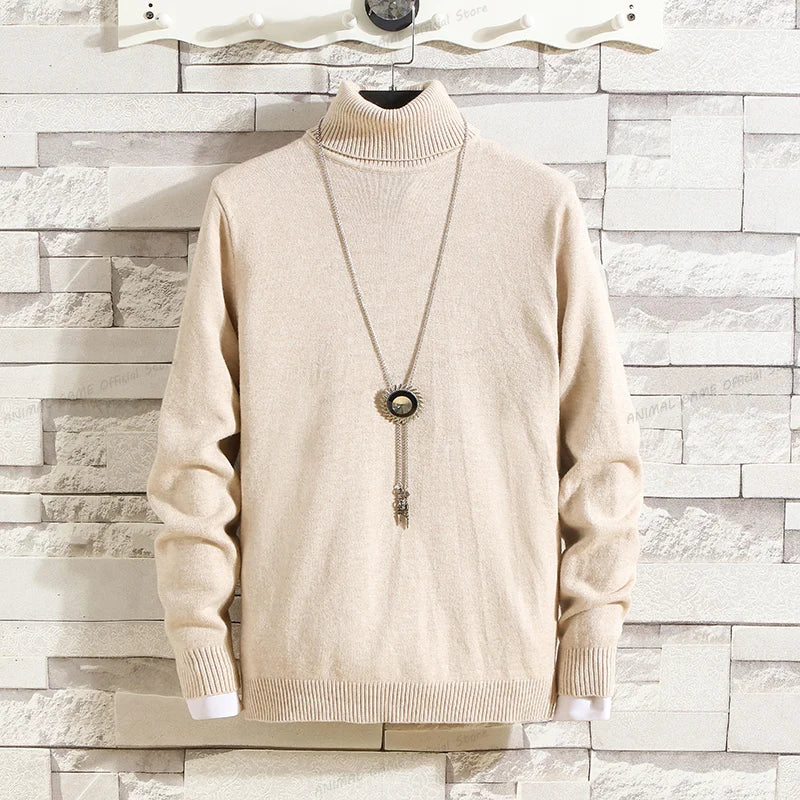 Suéter Masculino Gola Alta Outono/Inverno – Tricô de Alta Qualidade, Slim Fit, Manga Longa, Antibolinha, Cor Lisa, Estilo Streetwear