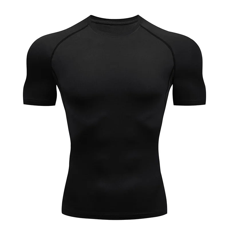 Camiseta masculina de compressão para corrida, fitness e treino. Manga curta, ajuste justo, secagem rápida, ideal para academia e jogging.