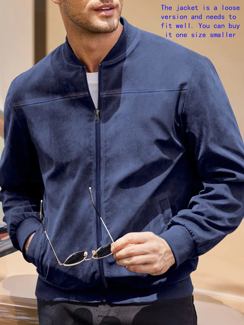 Jaqueta Masculina Casual em Camurça – Gola Redonda, Zíper Frontal, Estilo Esportivo e Sofisticado