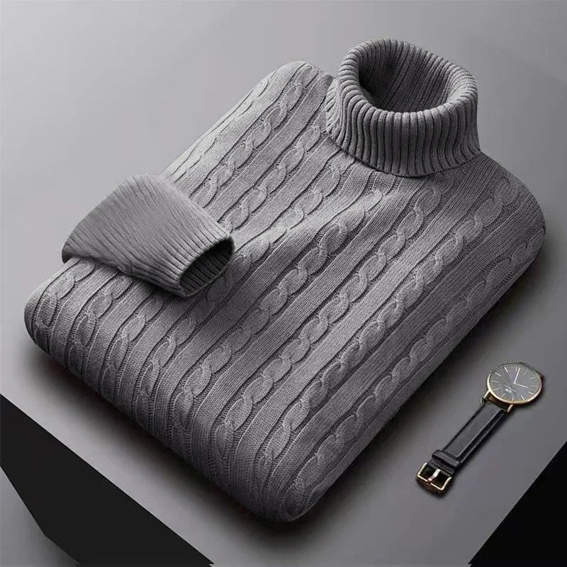 Suéter Masculino Gola Alta 2025 – Tricô de Lã, Pulôver Casual Quente, Cores Sólidas, Ideal para o Inverno