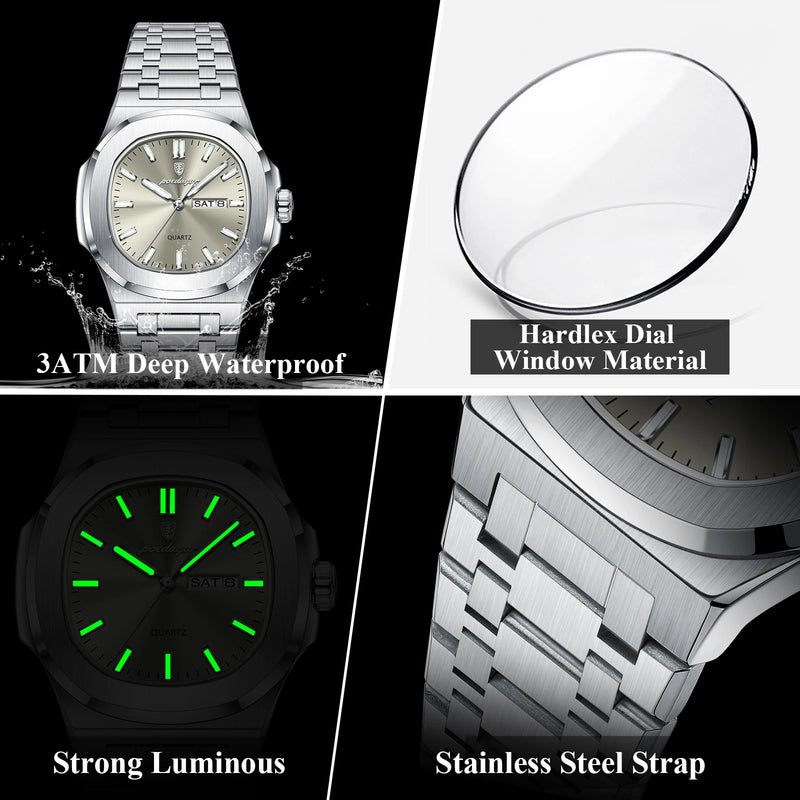 Relógio Masculino POEDAGAR Luxo Inox – Quartzo, À Prova d’Água, Data e Dia, Luminous