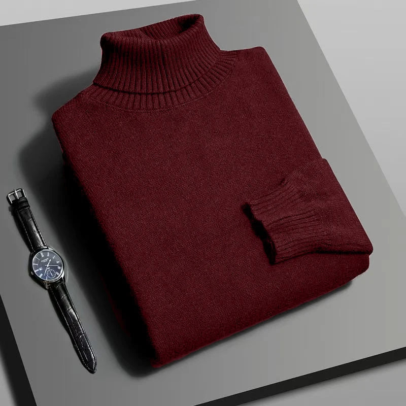 Suéter Masculino Gola Alta Outono/Inverno – Tricô de Alta Qualidade, Slim Fit, Manga Longa, Antibolinha, Cor Lisa, Estilo Streetwear