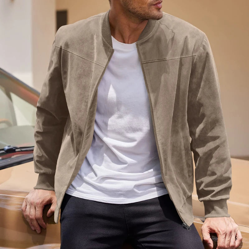 Jaqueta Masculina Casual em Camurça – Gola Redonda, Zíper Frontal, Estilo Esportivo e Sofisticado