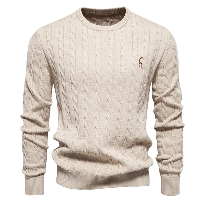 Suéter Masculino AIOPESON com Bordado de Girafa – Malha Clássica com Estilo Único