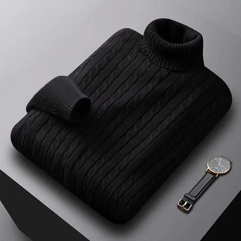 Suéter Masculino Gola Alta 2025 – Tricô de Lã, Pulôver Casual Quente, Cores Sólidas, Ideal para o Inverno