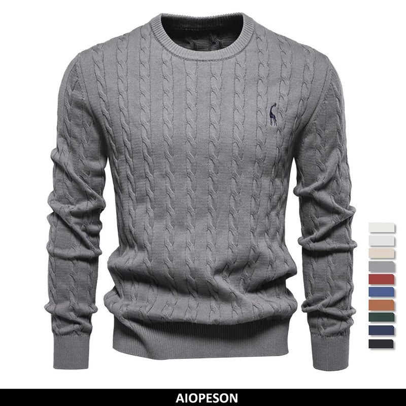 Suéter Masculino AIOPESON com Bordado de Girafa – Malha Clássica com Estilo Único