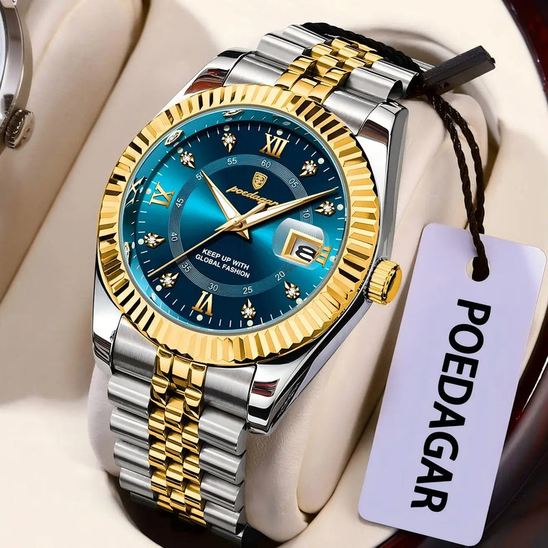 Relógio Masculino de Luxo POEDAGAR – Aço Inoxidável, Quartzo, com Data, à Prova d'Água, Luminoso, Estilo Social e Fashion para Homens
