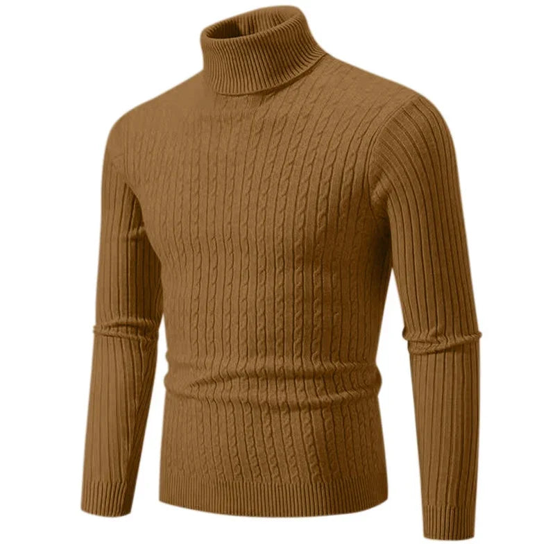Suéter Masculino Gola Alta 2025 – Tricô de Lã, Pulôver Casual Quente, Cores Sólidas, Ideal para o Inverno
