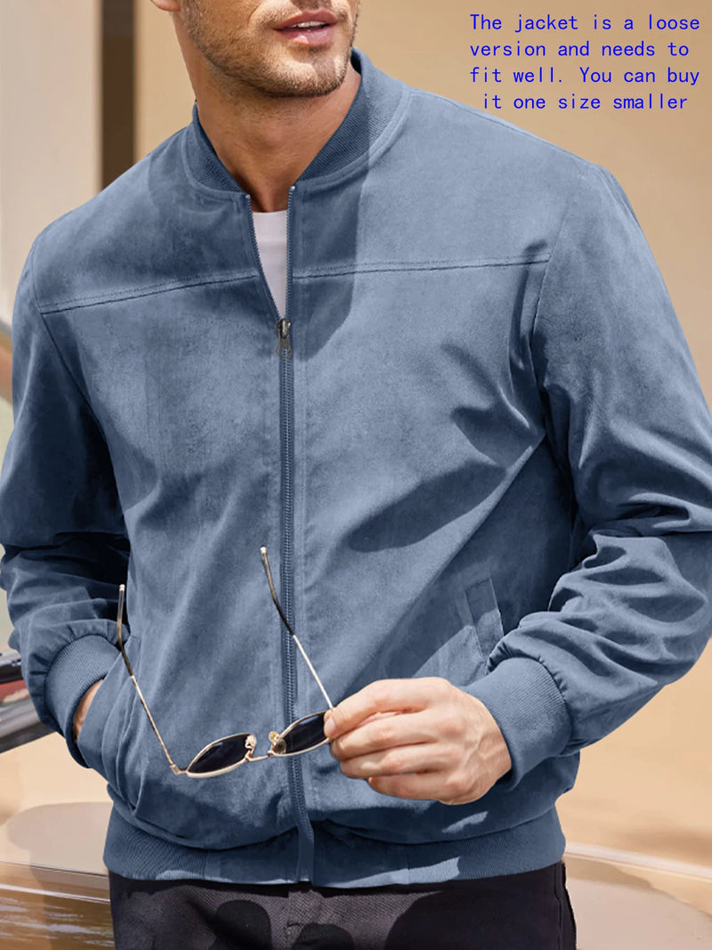 Jaqueta Masculina Casual em Camurça – Gola Redonda, Zíper Frontal, Estilo Esportivo e Sofisticado