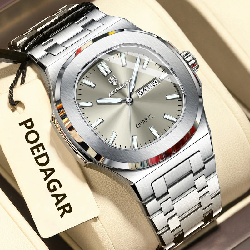 Relógio Masculino POEDAGAR Luxo Inox – Quartzo, À Prova d’Água, Data e Dia, Luminous