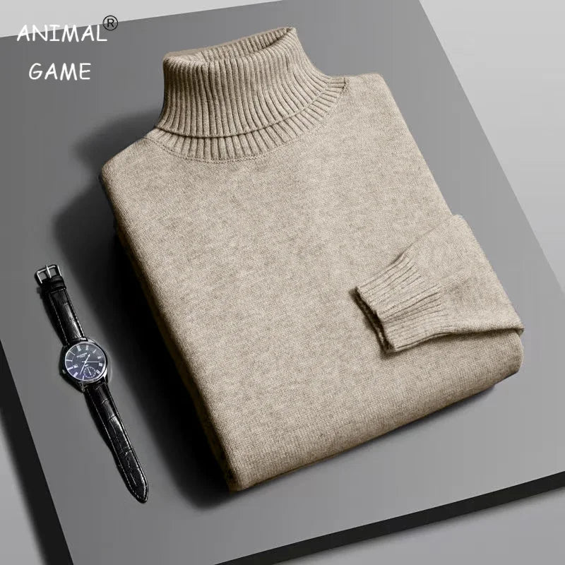 Suéter Masculino Gola Alta Outono/Inverno – Tricô de Alta Qualidade, Slim Fit, Manga Longa, Antibolinha, Cor Lisa, Estilo Streetwear