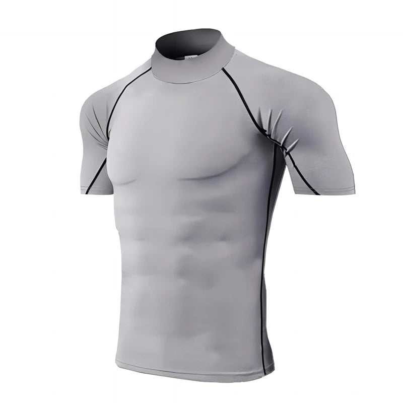 Camiseta de compressão masculina, esportiva, com secagem rápida e mangas curtas.