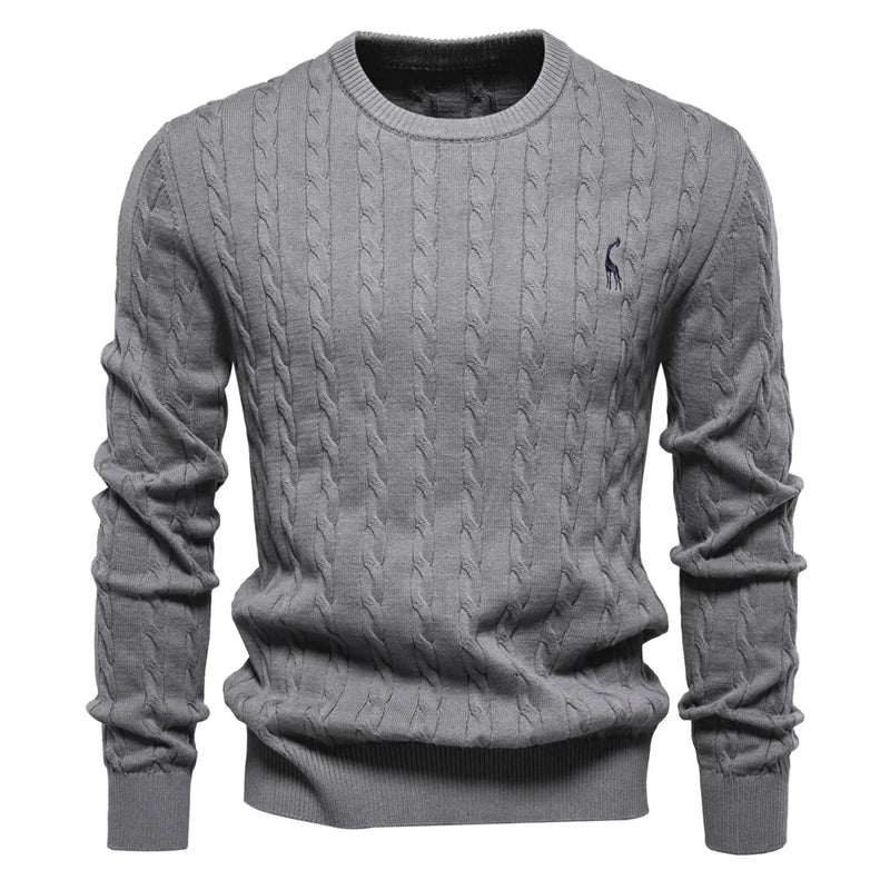 Suéter Masculino AIOPESON com Bordado de Girafa – Malha Clássica com Estilo Único