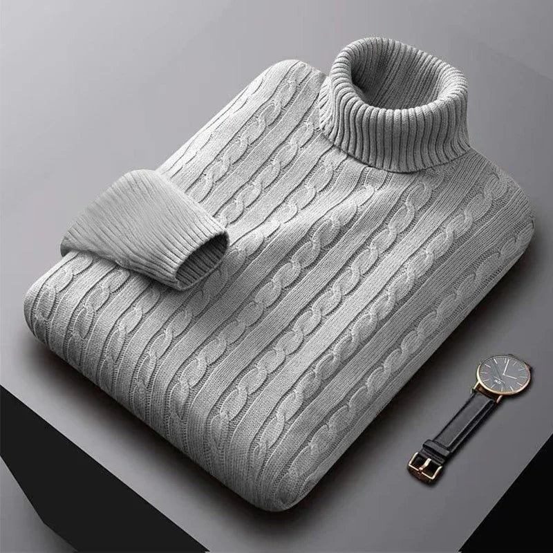 Suéter Masculino Gola Alta 2025 – Tricô de Lã, Pulôver Casual Quente, Cores Sólidas, Ideal para o Inverno