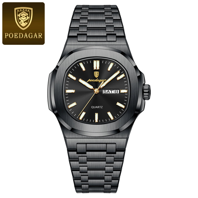 Relógio Masculino POEDAGAR Luxo Inox – Quartzo, À Prova d’Água, Data e Dia, Luminous