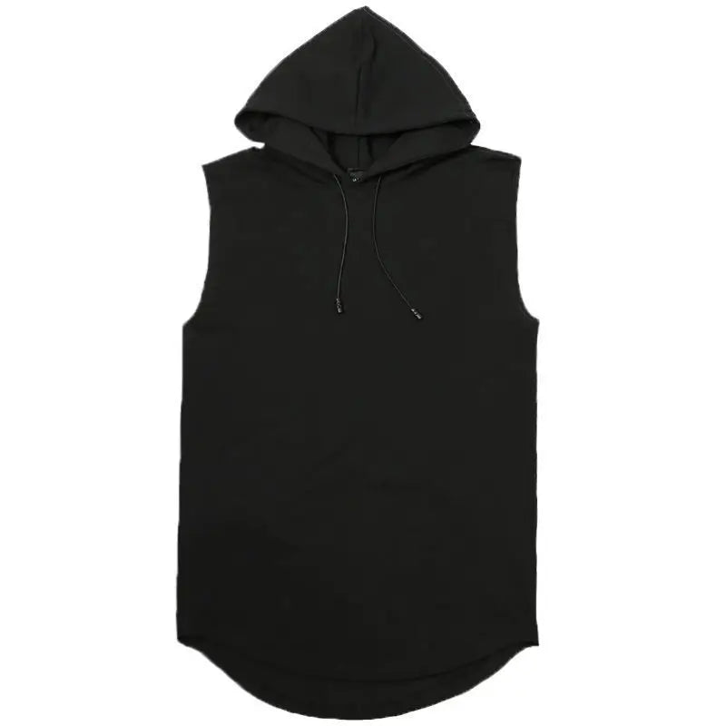 Regata masculina com capuz e gola com amarração, estilo hip hop, verão, modelo solto e cor sólida.