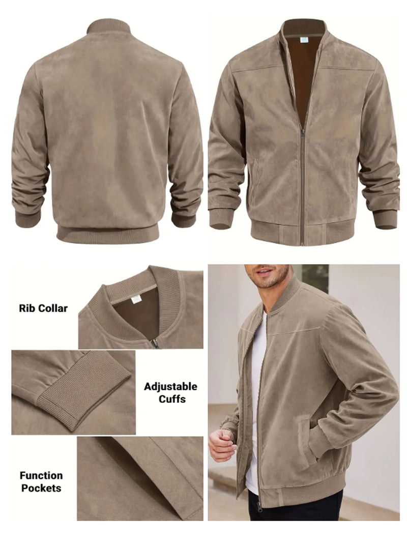 Jaqueta Masculina Casual em Camurça – Gola Redonda, Zíper Frontal, Estilo Esportivo e Sofisticado