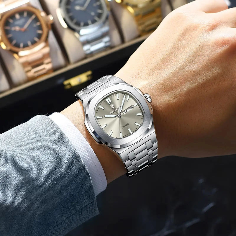 Relógio Masculino POEDAGAR Luxo Inox – Quartzo, À Prova d’Água, Data e Dia, Luminous