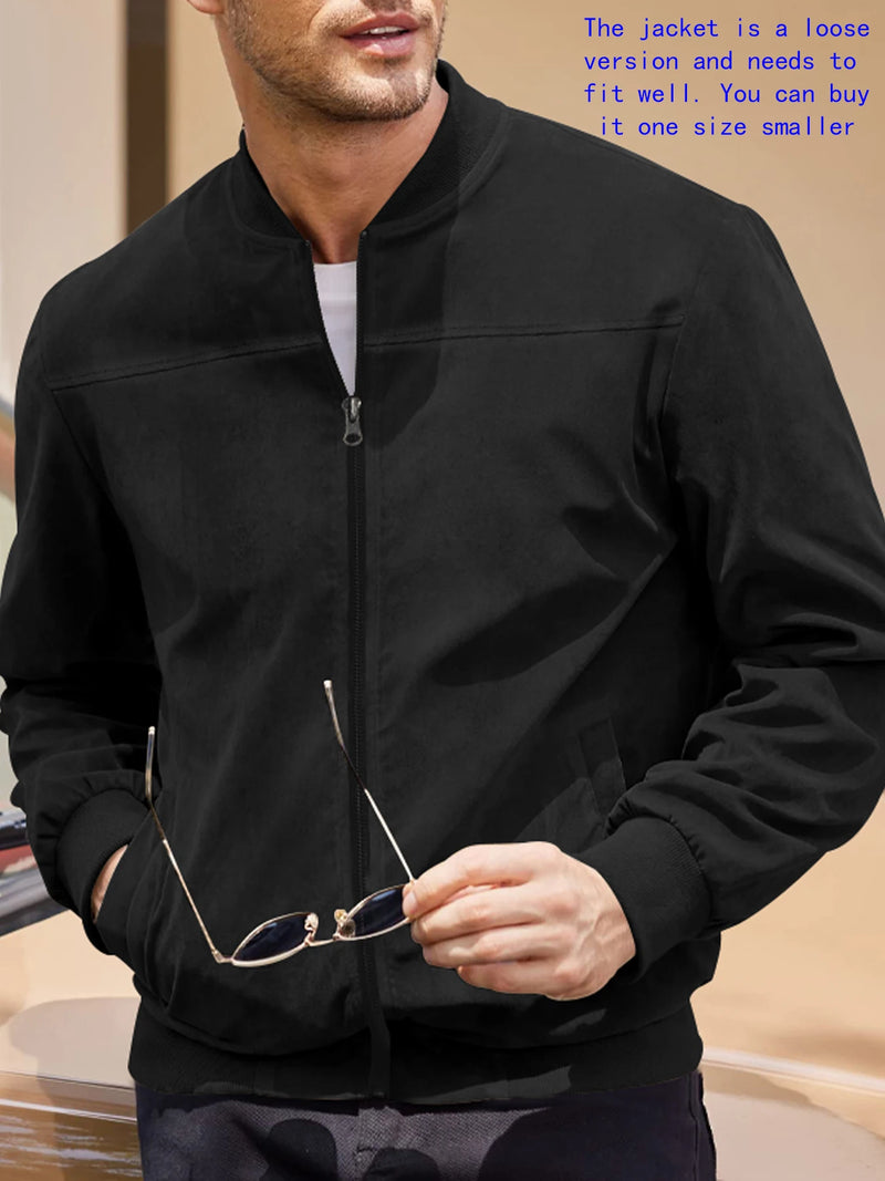 Jaqueta Masculina Casual em Camurça – Gola Redonda, Zíper Frontal, Estilo Esportivo e Sofisticado