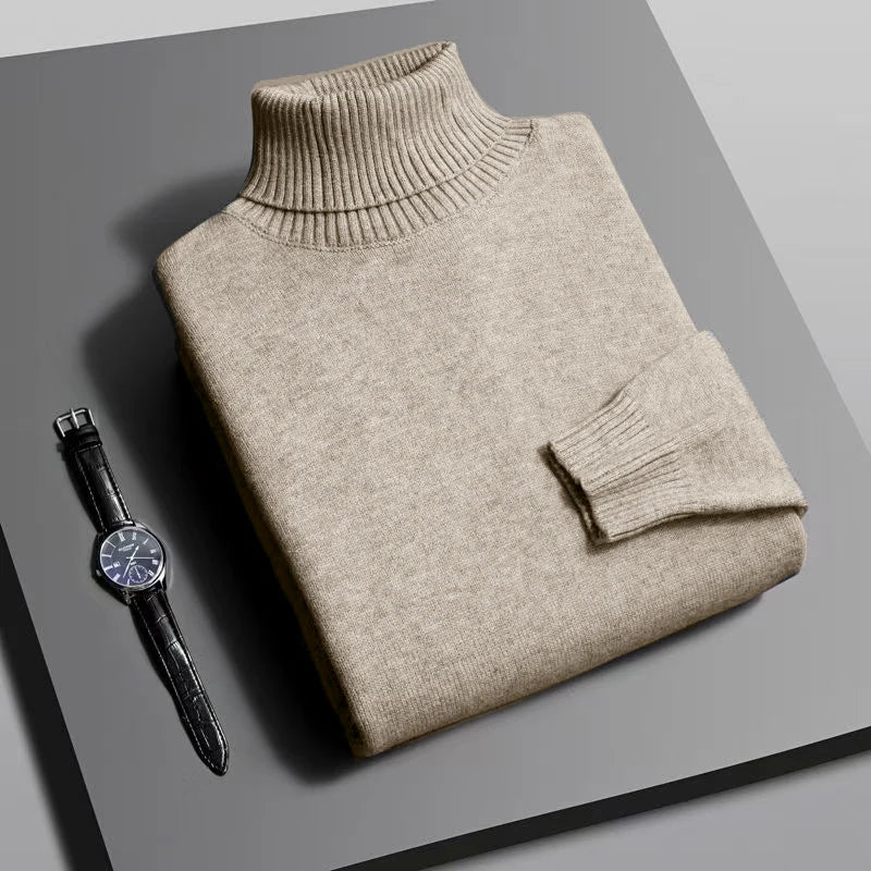 Suéter Masculino Gola Alta Outono/Inverno – Tricô de Alta Qualidade, Slim Fit, Manga Longa, Antibolinha, Cor Lisa, Estilo Streetwear