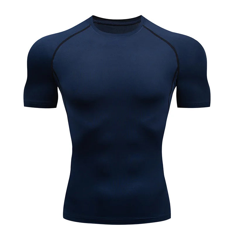 Camiseta masculina de compressão para corrida, fitness e treino. Manga curta, ajuste justo, secagem rápida, ideal para academia e jogging.