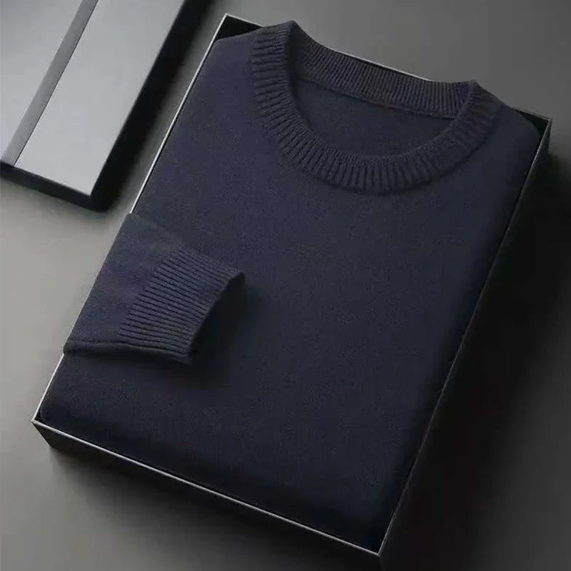 Suéter Masculino Clássico com Gola Redonda – Tricô, Manga Longa, Macio, Casual, Leve, Cor Lisa, Roupa Masculina Confortável