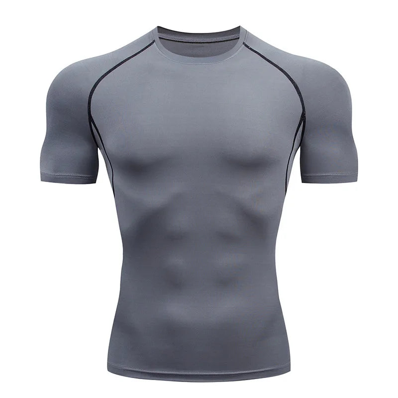 Camiseta masculina de compressão para corrida, fitness e treino. Manga curta, ajuste justo, secagem rápida, ideal para academia e jogging.