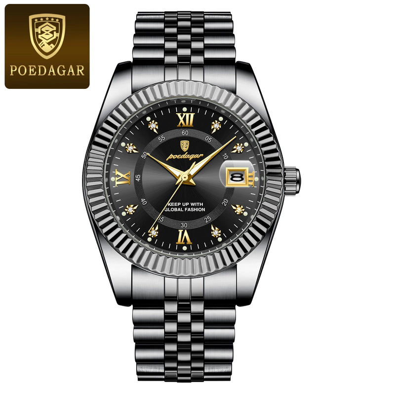 Relógio Masculino de Luxo POEDAGAR – Aço Inoxidável, Quartzo, com Data, à Prova d'Água, Luminoso, Estilo Social e Fashion para Homens