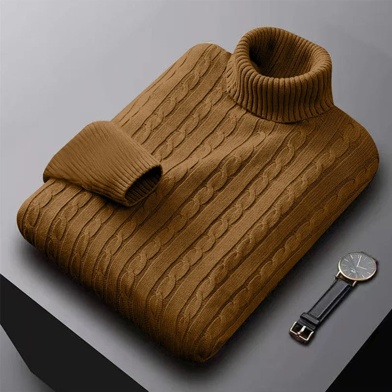 Suéter Masculino Gola Alta 2025 – Tricô de Lã, Pulôver Casual Quente, Cores Sólidas, Ideal para o Inverno