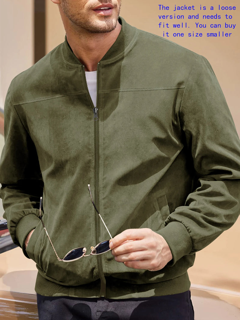 Jaqueta Masculina Casual em Camurça – Gola Redonda, Zíper Frontal, Estilo Esportivo e Sofisticado