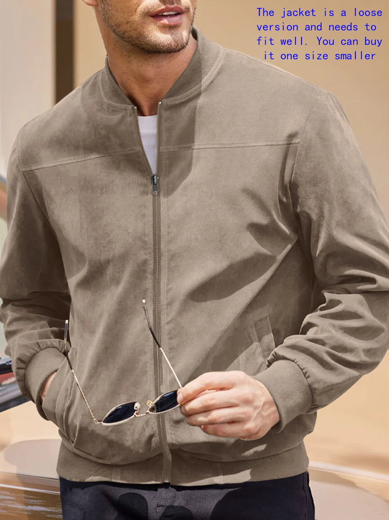 Jaqueta Masculina Casual em Camurça – Gola Redonda, Zíper Frontal, Estilo Esportivo e Sofisticado