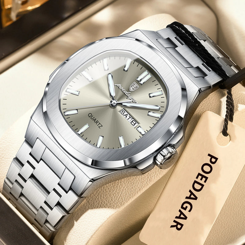 Relógio Masculino POEDAGAR Luxo Inox – Quartzo, À Prova d’Água, Data e Dia, Luminous