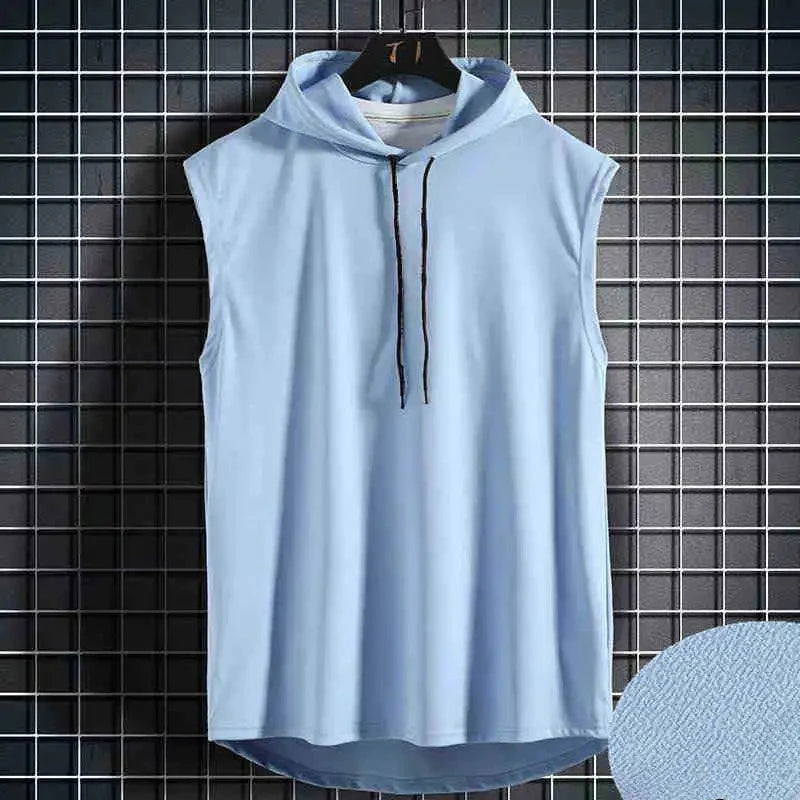 Regata masculina com capuz e gola com amarração, estilo hip hop, verão, modelo solto e cor sólida.