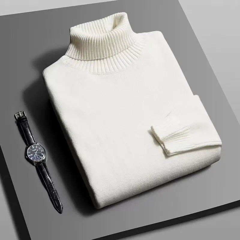 Suéter Masculino Gola Alta Outono/Inverno – Tricô de Alta Qualidade, Slim Fit, Manga Longa, Antibolinha, Cor Lisa, Estilo Streetwear