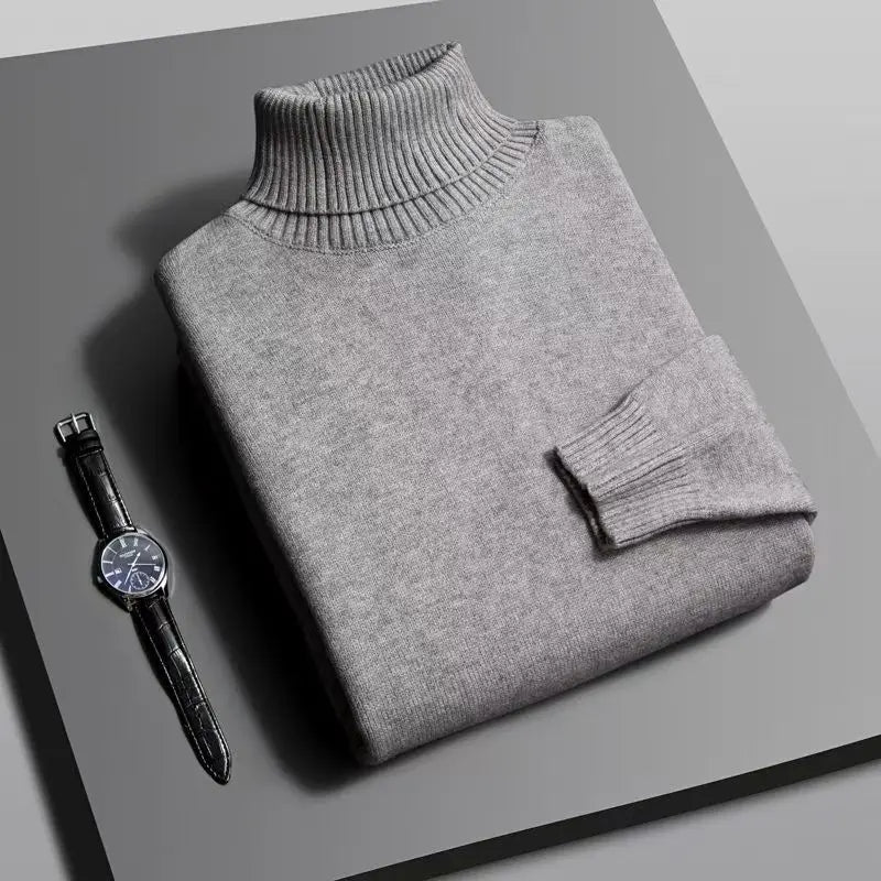 Suéter Masculino Gola Alta Outono/Inverno – Tricô de Alta Qualidade, Slim Fit, Manga Longa, Antibolinha, Cor Lisa, Estilo Streetwear