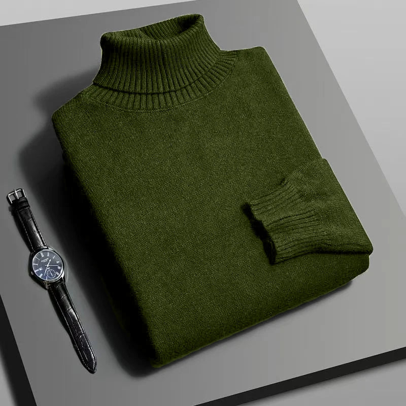 Suéter Masculino Gola Alta Outono/Inverno – Tricô de Alta Qualidade, Slim Fit, Manga Longa, Antibolinha, Cor Lisa, Estilo Streetwear