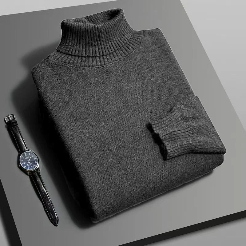 Suéter Masculino Gola Alta Outono/Inverno – Tricô de Alta Qualidade, Slim Fit, Manga Longa, Antibolinha, Cor Lisa, Estilo Streetwear