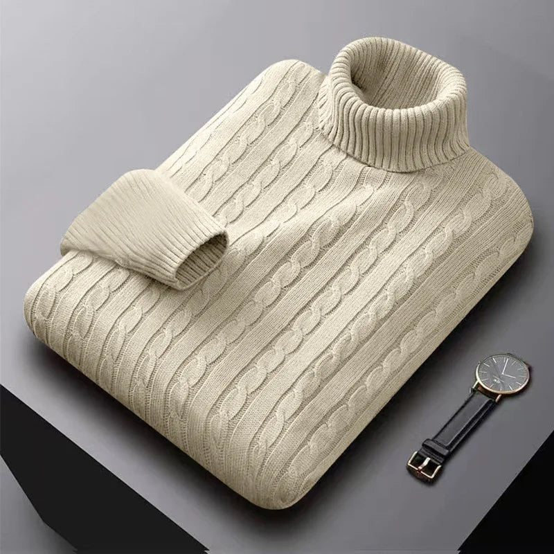 Suéter Masculino Gola Alta 2025 – Tricô de Lã, Pulôver Casual Quente, Cores Sólidas, Ideal para o Inverno