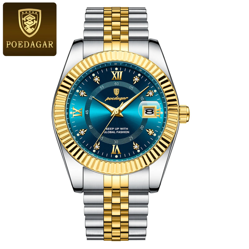 Relógio Masculino de Luxo POEDAGAR – Aço Inoxidável, Quartzo, com Data, à Prova d'Água, Luminoso, Estilo Social e Fashion para Homens